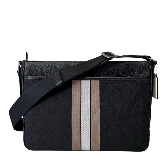 Coach Thompson Signature Stripe Messenger Crossbody Bag | Black Leather Canvas - Picture 3 of 16